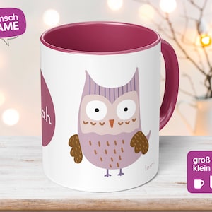 Children's mug with your own name and owl in pink - handmade by Lomi - ceramic mug for children's birthday for girls gift idea