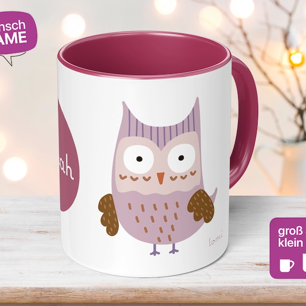 Tasse pour enfants avec votre propre nom et hibou en rose - faite à la main par Lomi - tasse en céramique pour les anniversaires d'enfants pour les filles idée cadeau