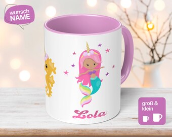 Mermaid Mug with Name – Unicorn & Seahorse Mug for Children, 180ml / 320ml – Personalized Mug – Gift for Girls