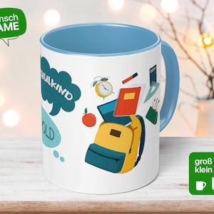 Tasse d'écolier Léopold pour l'inscription à l'école, cadeau de cône d'école en sucre fait à la main, tasse pour enfants personnalisée en céramique avec ustensiles scolaires