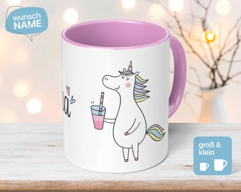 Einhorn Tasse für Kinder mit Wunschname als Geschenk für Mädchen und Jungen - die Kindertasse aus Keramik handgemacht in rosa zum Geburtstag