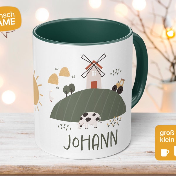 Trecker Kindertasse mit Personalisierung als Geschenk zu Weihnachten oder zum Kindergeburtstag mit Windmühle und Kuh, handgemacht