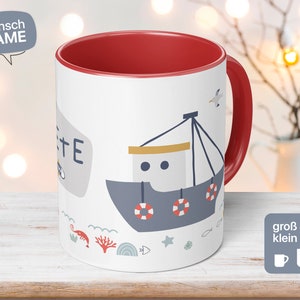 Handmade cup for children with an individual, personal name and maritime, Scandinavian motif, boats and name Fiete as a gift