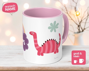 Children&#39;s mug with name and dinosaur in pink for girls as a gift for children - Dino gift idea mug for birthday - individual
