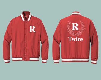 May include: Red varsity jacket with white accents on the collar, cuffs, and hem. The front features a large white "R", and the back displays a white "R" within a laurel wreath and the word "Twins".
