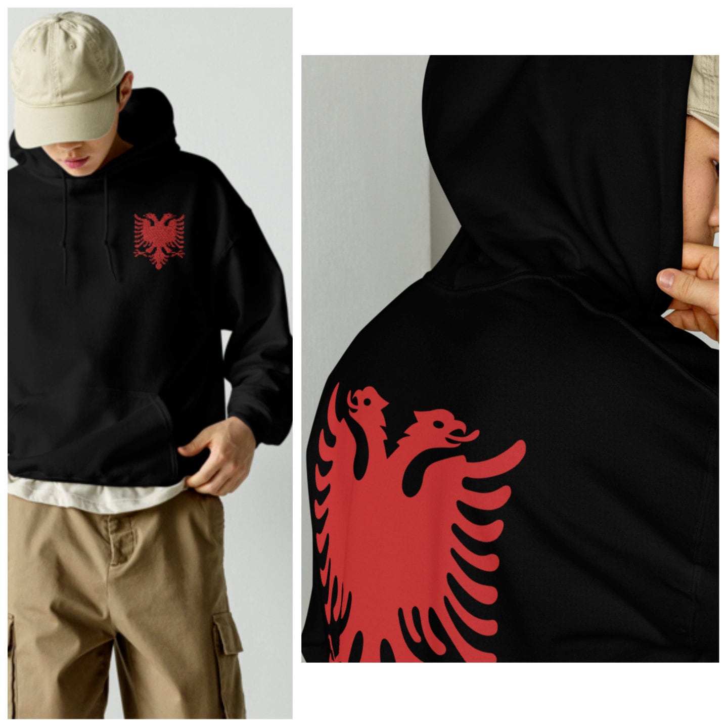 Albanian Eagle Left Chest Red Embroidery Front & Back Print on Black Unisex Hoodie - Albanian Eagle Hooded Sweater - Red and Black -