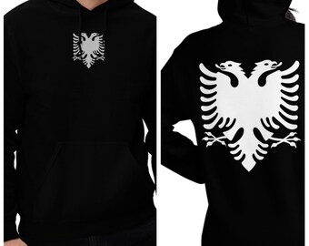 Albanian Eagle Center Chest White Embroidery Front & Back Print on Unisex Hoodie, Albanian Eagle Hooded Sweater, Albanian Clothes