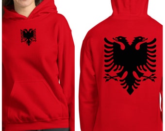Albanian Eagle Center Chest Black Embroidery Front & Back Print on Unisex Hoodie, Albanian Eagle Hooded Sweater, Albanian Clothes