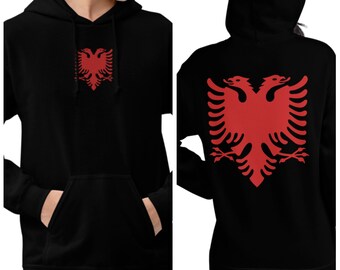 Albanian Eagle Center Chest Red Embroidery Front & Back Print Black Hoodie, Albanian Eagle Hooded Sweater, Red and Black, Albanian Clothes