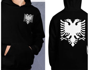 Albanian Eagle Left Chest White Embroidery Front & Back Print on Unisex Hoodie - Albanian Eagle Hooded Sweater - Albanian Clothes