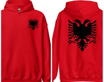 Albanian Eagle Left Chest Black Embroidery Front & Back Print on Unisex Hoodie, Albanian Eagle Hooded Sweater, Albanian Clothes