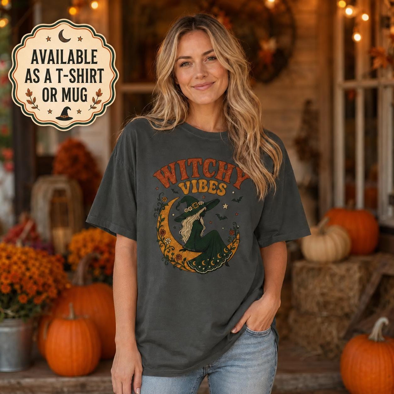 Witchy Vibes Shirt, Celestial Moon Witch Graphic Tee, Whimsigoth Halloween T-Shirt, Mystical Spooky Season Mug, Cute Goth Gift For Her