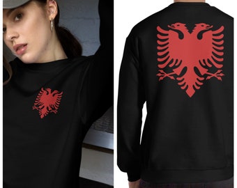 Albanischer Adler, rote Stickerei auf der linken Brust, Vorder- und Rückseite auf schwarzem Sweatshirt, Albanischer Adlerpullover, Albanischer Pullover, Kleidung oder Tasse