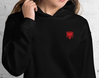 Sudadera unisex minimalista con águila albanesa bordada, jersey con capucha de águila bicéfala, sudadera roja con águila albanesa, sudadera albanesa o taza
