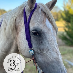 May include: A close-up of a horse wearing a purple mohair halter with a decorative blue and silver jewel. The horse has a light gray coat and a white blaze. The image includes the text "DOUBLE G RANCH Mohair".