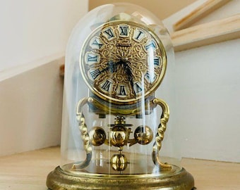 Vintage, Large, Glass Dome, Gold-teal, Schatz, Anniversary Clock
