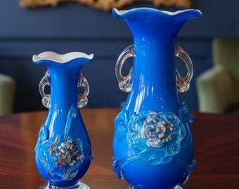 Vase Artisanal En Verre Soufflé – Type Murano – Bleu – Occasion