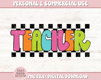 Teacher Retro PNG, Checkered Teacher Png, Educator Png, Teacher Shirt Png, Back to School Png, Teacher Sublimation Png, Trendy Teacher Png