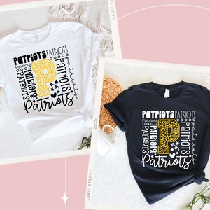 Peut inclure: Deux t-shirts avec un motif graphique de la lettre "P" compos&eacute;e du mot "Patriots" r&eacute;p&eacute;t&eacute; plusieurs fois. Le "P" est dor&eacute; avec un motif l&eacute;opard. Un t-shirt est blanc et l'autre est noir.