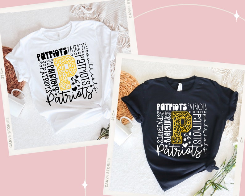 Peut inclure: Deux t-shirts avec un motif graphique de la lettre "P" compos&eacute;e du mot "Patriots" r&eacute;p&eacute;t&eacute; plusieurs fois. Le "P" est dor&eacute; avec un motif l&eacute;opard. Un t-shirt est blanc et l'autre est noir.