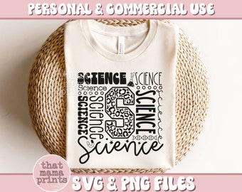 May include: A white t-shirt with a black design that says "Science" in a variety of fonts and styles. The design includes a leopard print letter "S" and a beaker.