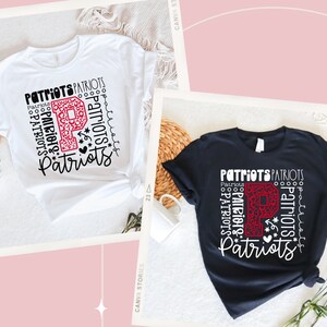 Peut inclure: Deux t-shirts, un blanc et un noir, avec un motif graphique rouge et blanc. Le graphique pr&eacute;sente le mot "Patriots" r&eacute;p&eacute;t&eacute; plusieurs fois et un grand "P" rouge avec un motif l&eacute;opard.