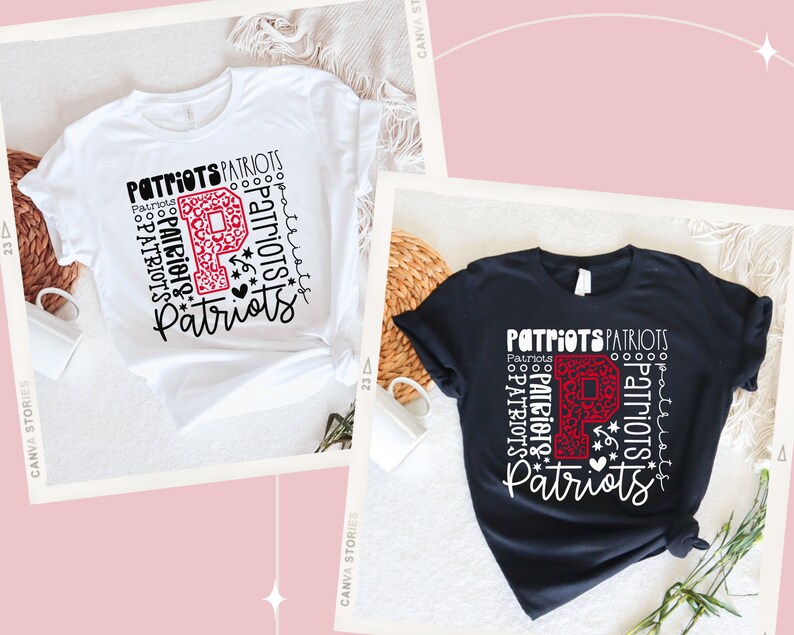 Peut inclure: Deux t-shirts, un blanc et un noir, avec un motif graphique rouge et blanc. Le graphique pr&eacute;sente le mot "Patriots" r&eacute;p&eacute;t&eacute; plusieurs fois et un grand "P" rouge avec un motif l&eacute;opard.