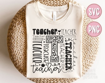 Teacher Typography Design Svg & Png, Teach Svg, Back to School Svg, Gifts for Teacher Svg, Retro Teacher Svg, Teacher Shirt Svg, Sublimation