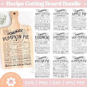Paquete de tablas de cortar con recetas Svg, recetas Svg, cocina de granja Svg, tabla de cortar de madera con frase Svg, hornear Svg Charcutería Svg, Acción de Gracias