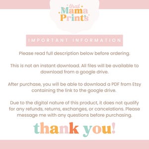 Puede incluir: Fondo rosa con el texto "that Mama Prints" en una fuente colorida. El texto "IMPORTANT INFORMATION" est&aacute; en negro. El texto que aparece a continuaci&oacute;n dice: "Por favor, lea la descripci&oacute;n completa a continuaci&oacute;n antes de realizar el pedido. Esta no es una descarga instant&aacute;nea. Todos los archivos estar&aacute;n disponibles para descargar desde Google Drive. Despu&eacute;s de la compra, podr&aacute; descargar un PDF de Etsy que contiene el enlace a Google Drive. Debido a la naturaleza digital de este producto, no califica para ning&uacute;n reembolso, devoluci&oacute;n, cambio o cancelaci&oacute;n. Por favor, env&iacute;eme un mensaje con cualquier pregunta antes de comprar. &iexcl;Gracias!"