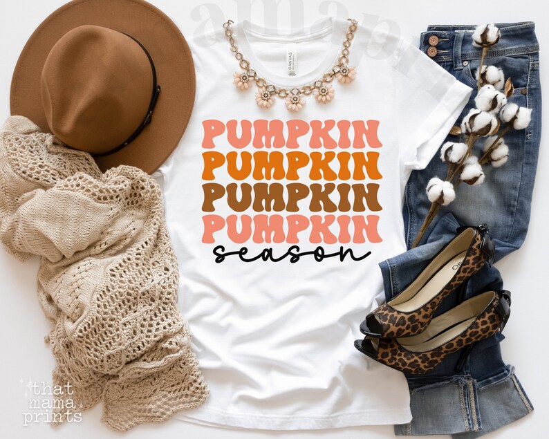 May include: White t-shirt with the text "Pumpkin Pumpkin Pumpkin Pumpkin Season" in a retro font. The text is in shades of orange, brown, and pink. The shirt is laid flat on a white surface with a brown hat, a knitted scarf, a pair of leopard print shoes, and a sprig of cotton.