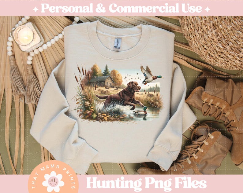 Puede incluir: Una sudadera beige con una escena de caza que presenta un labrador retriever marr&oacute;n y negro, un pato y un fondo de bosque. El texto "That Mama Prints" est&aacute; en la esquina inferior izquierda de la sudadera.