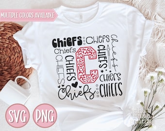 May include: White t-shirt with a black and red design featuring the word "Chiefs" repeated multiple times and a large letter "C" with a leopard print pattern. The text "Multiple Colors Available" is at the top of the image. The words "SVG" and "PNG" are at the bottom of the image.