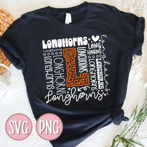 May include: Black t-shirt with a white graphic design featuring the word "Longhorns" repeated in different sizes and styles. The graphic also includes a large orange and black leopard print letter "L".