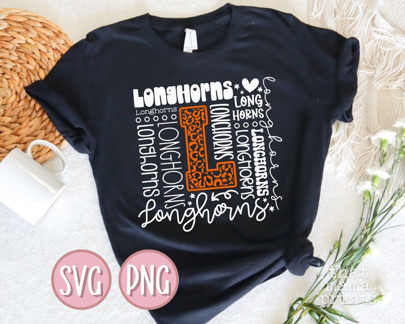 May include: Black t-shirt with a white graphic design featuring the word "Longhorns" repeated in different sizes and styles. The graphic also includes a large orange and black leopard print letter "L".