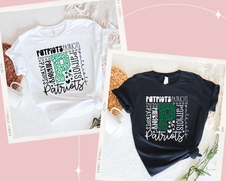 Peut inclure: Deux t-shirts avec un motif graphique de la lettre "P" compos&eacute; du mot "Patriots" r&eacute;p&eacute;t&eacute; dans diff&eacute;rentes tailles et orientations. Le "P" est vert avec un motif l&eacute;opard. Un t-shirt est blanc et l'autre est noir.