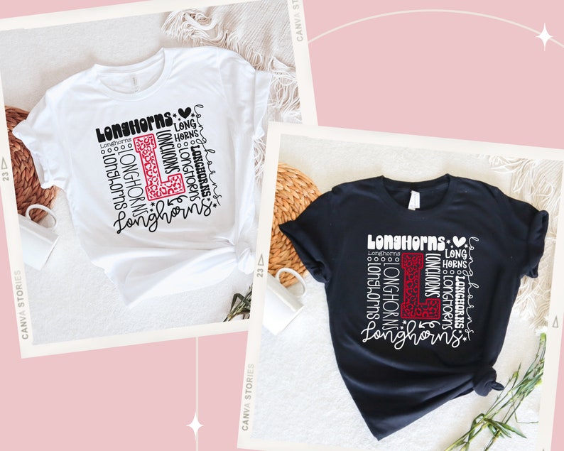 May include: Two t-shirts with a graphic design of the word "Longhorns" in a white font with a red heart and a red "L" with a leopard print pattern. The t-shirts are white and black.