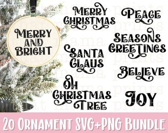 May include: A set of 20 black and white Christmas ornament SVG and PNG files. The designs include "Merry Christmas", "Peace", "Seasons Greetings", "Santa Claus", "Believe", "Joy", "Oh Christmas Tree", and "Merry and Bright".