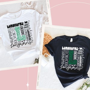 May include: Two t-shirts with a graphic design featuring the word "Longhorns" repeated in a variety of sizes and styles. The graphic also includes a green "L" with a leopard print pattern and a heart.