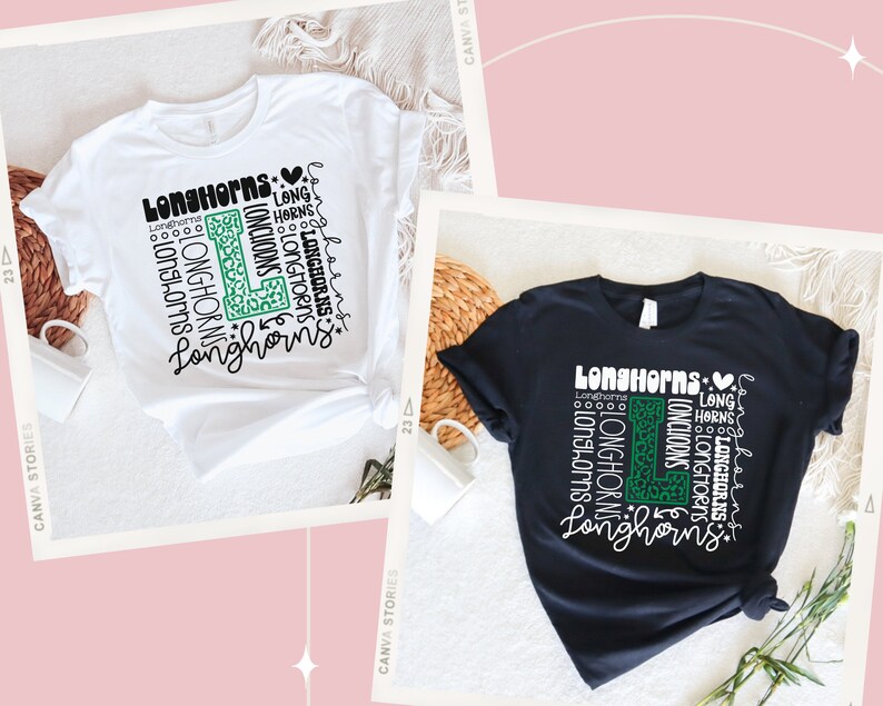 May include: Two t-shirts with a graphic design featuring the word "Longhorns" repeated in a variety of sizes and styles. The graphic also includes a green "L" with a leopard print pattern and a heart.