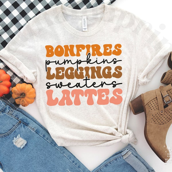 Retro Bonfires Pumpkins Leggings Sweaters Lattes SVG & PNG, Retro Fall List Svg, Retro Thanksgiving Shirt Svg, Autumn Cut File, Sublimation