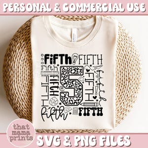 May include: A white t-shirt with a black design that says "Fifth" multiple times and includes a leopard print number 5. The design also includes a lightbulb, ruler, pencil, and hearts.