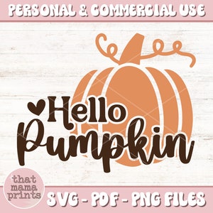 May include: A brown and orange pumpkin with a stem and leaves. The text "Hello Pumpkin" is written in brown cursive letters with a small heart in front of the word "Hello".