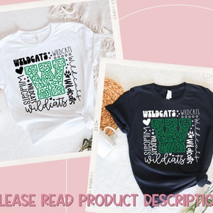 May include: Two t-shirts with a green and black leopard print design. The design features a large letter W with the word "Wildcats" repeated around it. The shirts are available in white and black.
