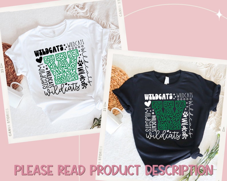 May include: Two t-shirts with a green and black leopard print design. The design features a large letter W with the word "Wildcats" repeated around it. The shirts are available in white and black.