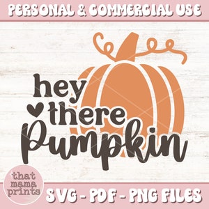 May include: A digital design featuring a pumpkin with a stem and leaves and the text "hey there pumpkin".