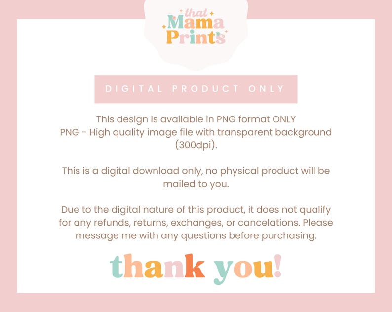 Puede incluir: Anuncio de producto digital con fondo rosa claro. El texto dice &laquo;SOLO PRODUCTO DIGITAL&raquo; y describe el producto como un archivo PNG con fondo transparente. La imagen tambi&eacute;n incluye el texto &laquo;thank you!&raquo; en letras coloridas.