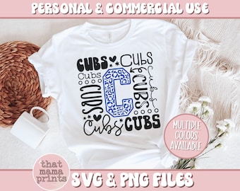 May include: White t-shirt featuring the word "CUBS" in a variety of fonts and designs. A large letter "C" with a blue leopard print is in the center. Text on the shirt includes "Cubs" and "SVG & PNG FILES".
