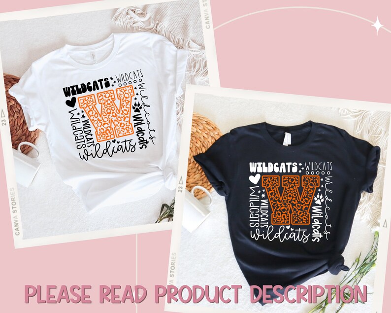 May include: Two t-shirts with a graphic design featuring a large orange and black leopard print letter W surrounded by the text "Wildcats" in white. The shirts are white and black.