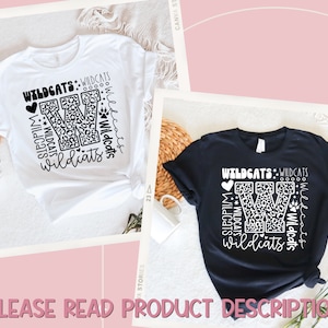 May include: Two t-shirts with a black and white graphic design of a leopard print letter W surrounded by the word "Wildcats" in a variety of sizes and orientations. The shirts are white and black.